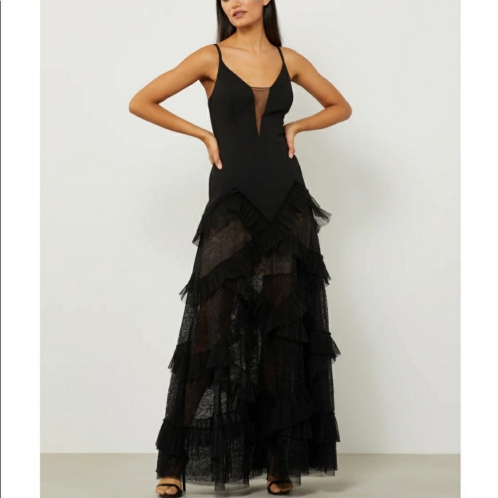BCBG Black Ruffle Tulle Evening Gown